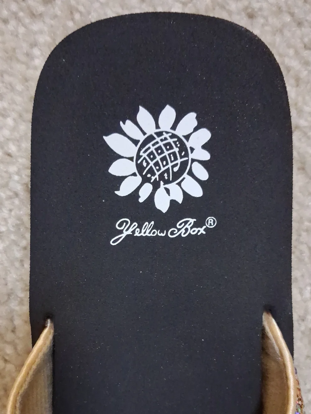 NEW! Yellow Box Gold Sequin Thong Sandals with Black Footbed